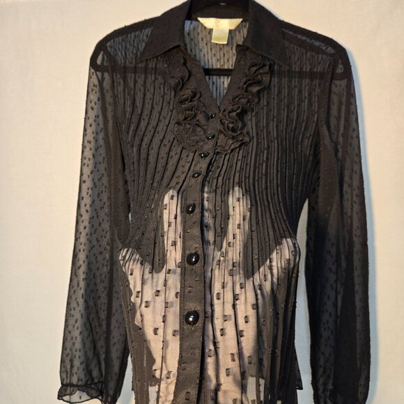 Vintage NEW YORK CITY D. Boho Y2K Black Sheer Pleated Ruffle Shirt Top Size M. - Picture 6 of 16